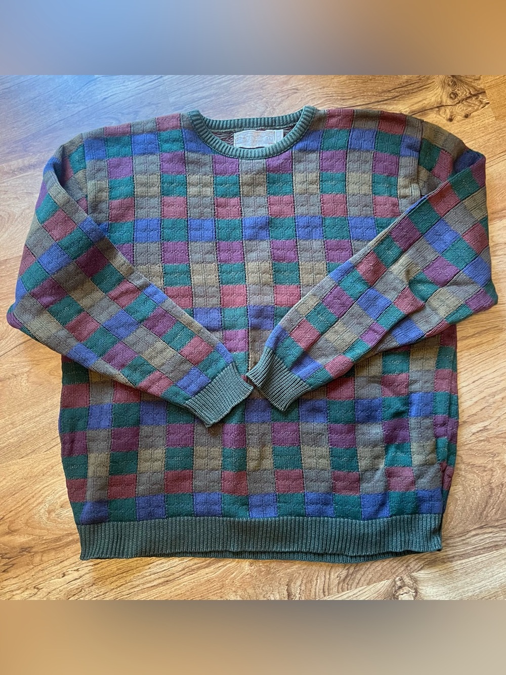 Vintage Shenandoah Men's Checker Crewneck Sweater in Green, Purple & Blue